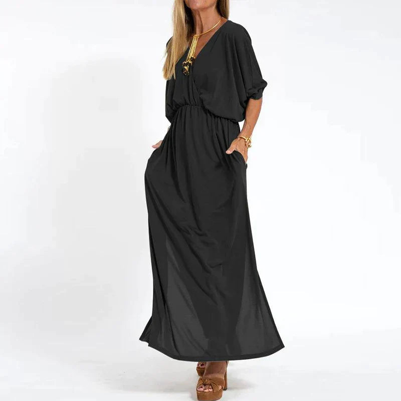 CARLA - LANGES VINTAGE-KLEID MIT HOHEM SEITENSCHLITZ