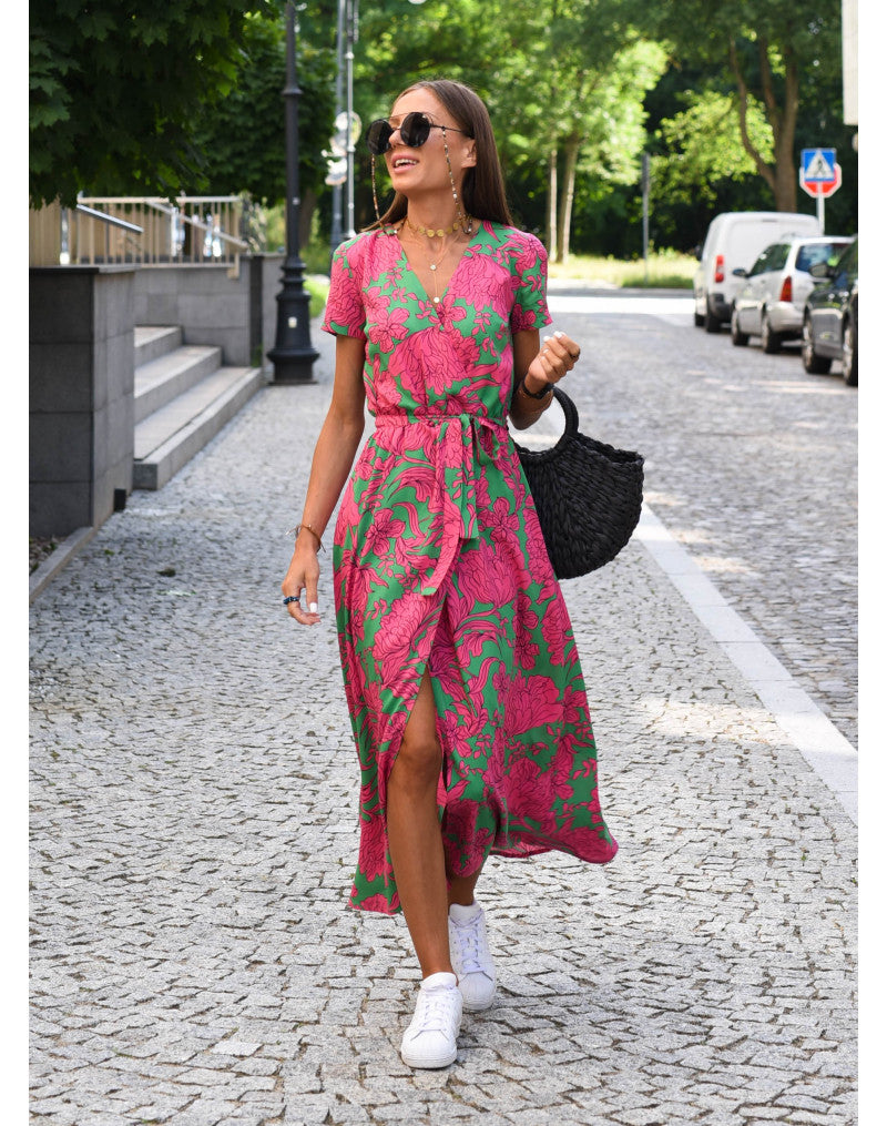 ELEONORA - ABITO MIDI STAMPATO CON SCOLLO A V