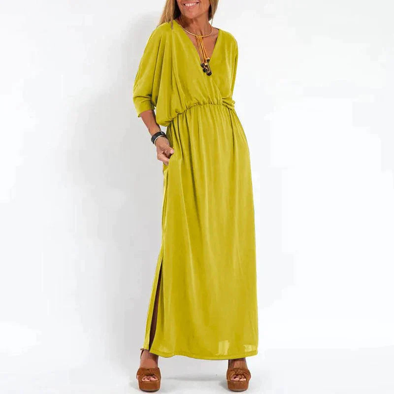 CARLA - LANGES VINTAGE-KLEID MIT HOHEM SEITENSCHLITZ