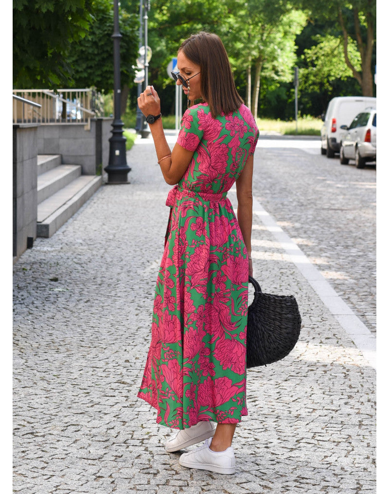 ELEONORA - ABITO MIDI STAMPATO CON SCOLLO A V
