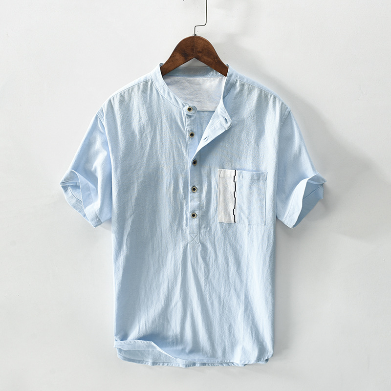 AMBROGIO | CAMICIA ESTIVA IN COTONE E LINO CON TASCHINO